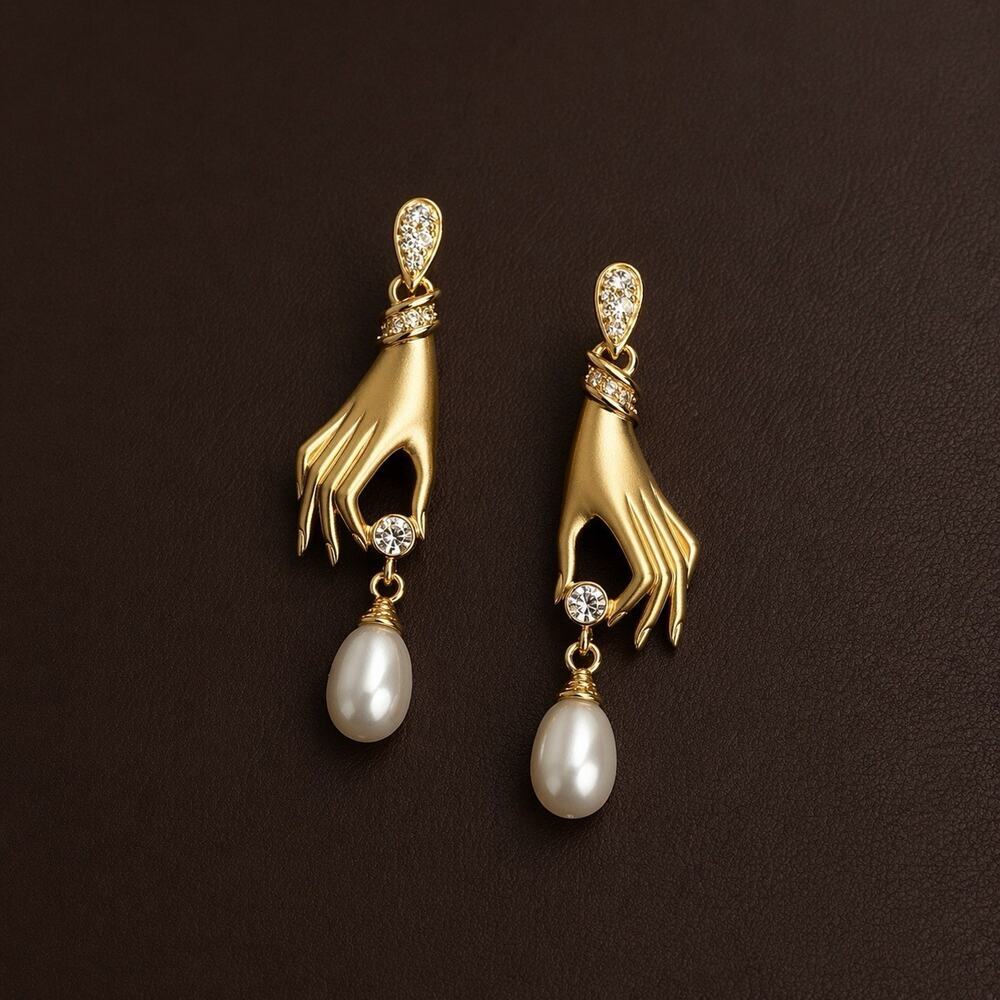 Museum Hand Earrings Pearl Gold Silver CZ Art Victorian VTG Boho Antique Retro